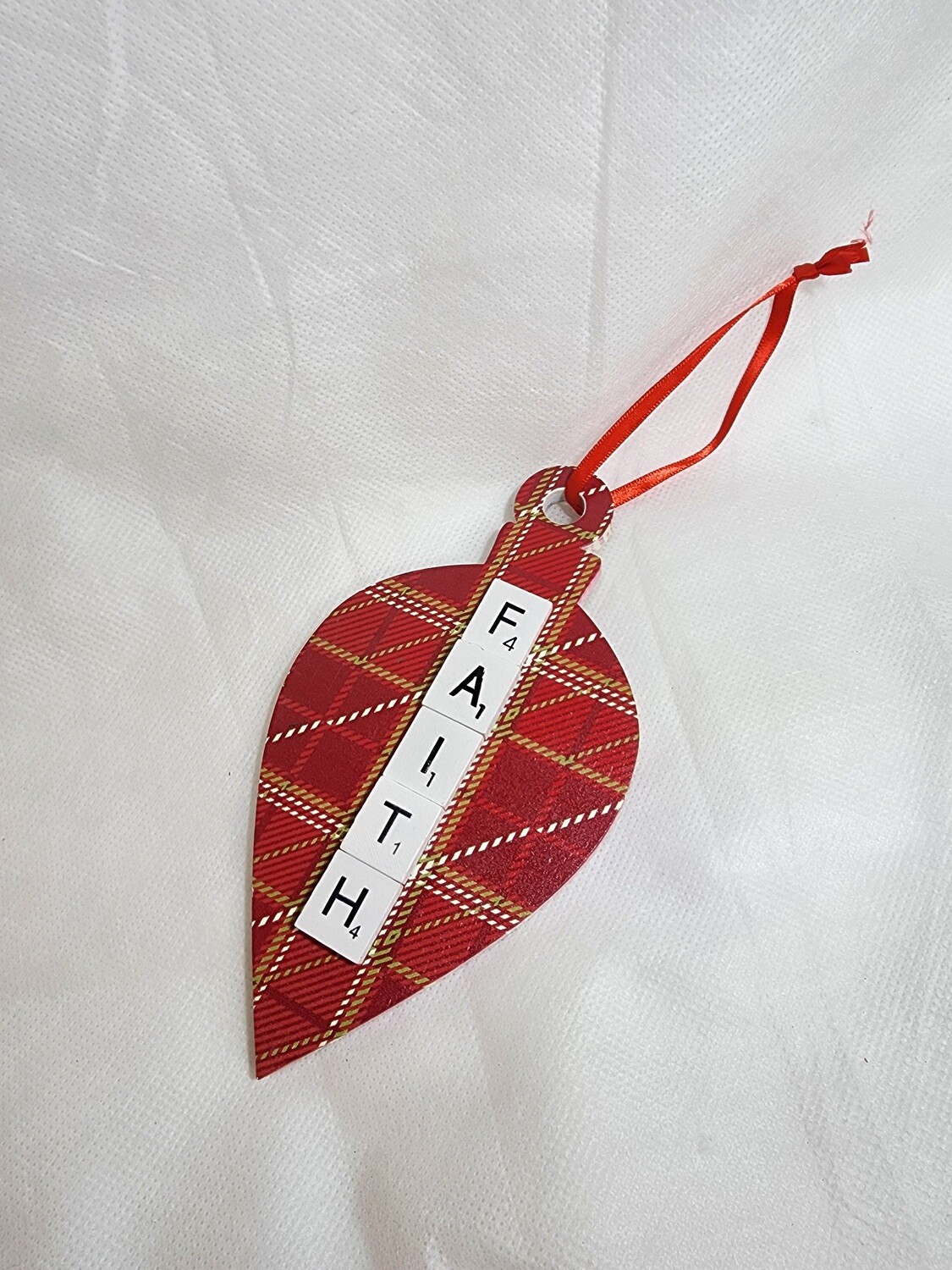 Faith Scrabble Lg Wooden Teardrop Ornament 4&quot;L x 7&quot;H