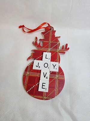 Love/Joy Scrabble Lg Wooden Snowman Ornament 3.5&quot;L x 7&quot;H