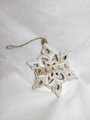 Wooden Snowflake Ornament - Peace 5&quot;L x 6&quot;H