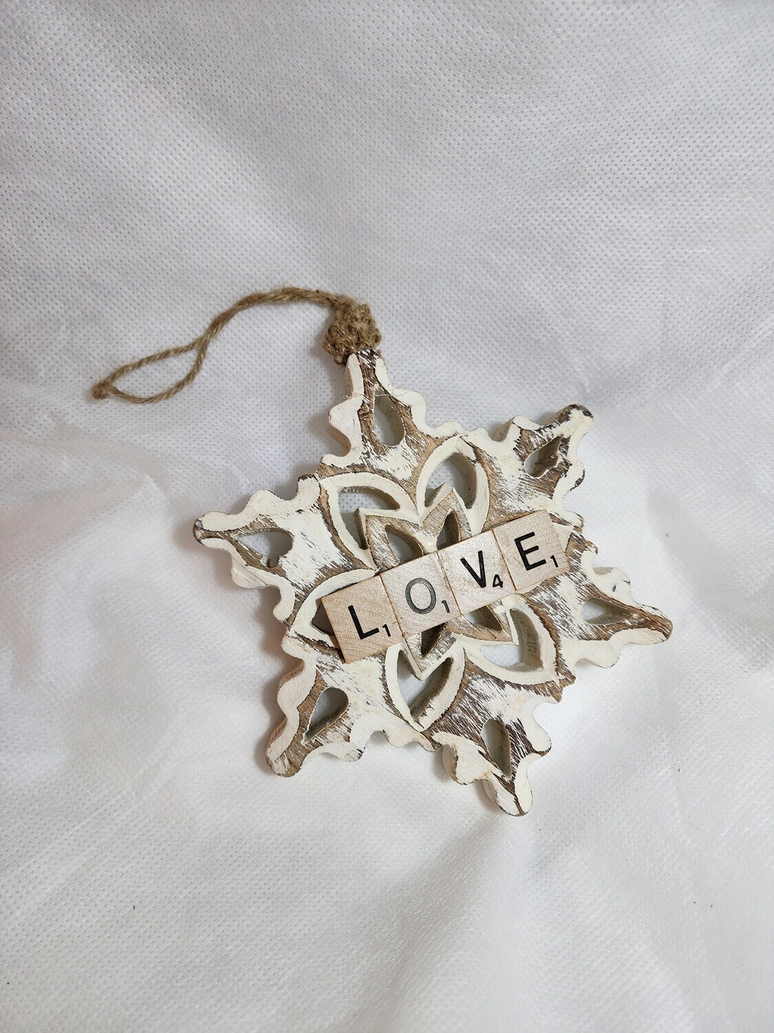 Wooden Snowflake Ornament - Love 5&quot;L x 6&quot;H