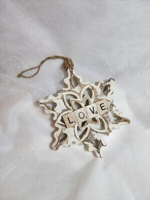 Wooden Snowflake Ornament - Love 5&quot;L x 6&quot;H
