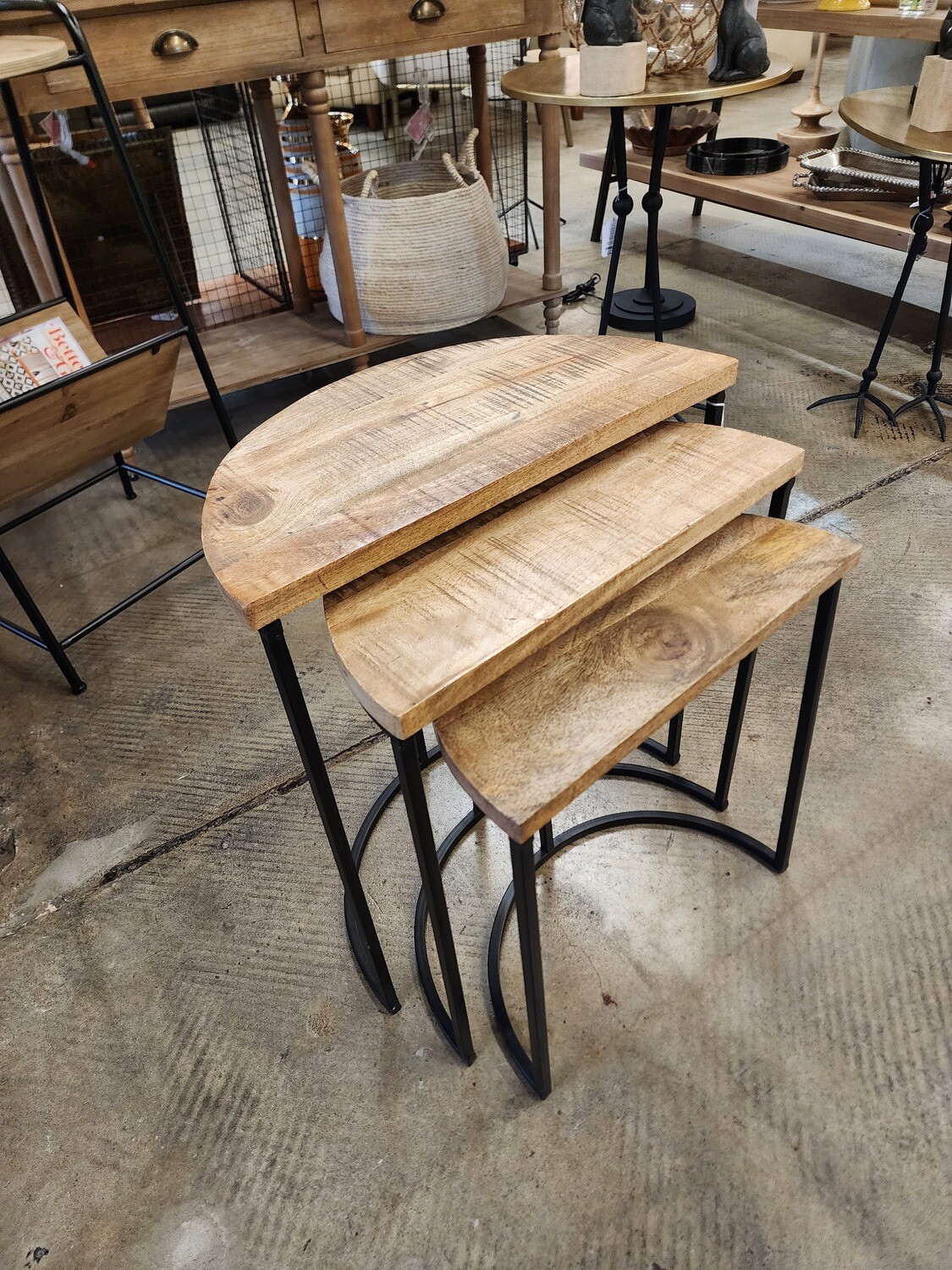 S/3 Nesting Demi-Lune Mango Wood &amp; Metal Tables