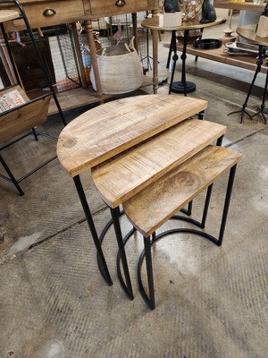 S/3 Nesting Demi-Lune Mango Wood &amp; Metal Tables