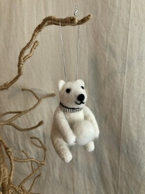 Felt White Polar Bear w/Snowball Ornament