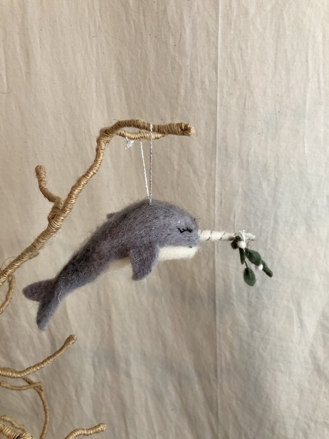 Felt Narwhal w/Mistletoe Ornament