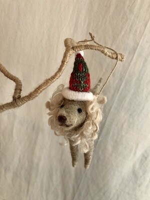 Felt Dog w/Green &amp; Red Hat Ornament
