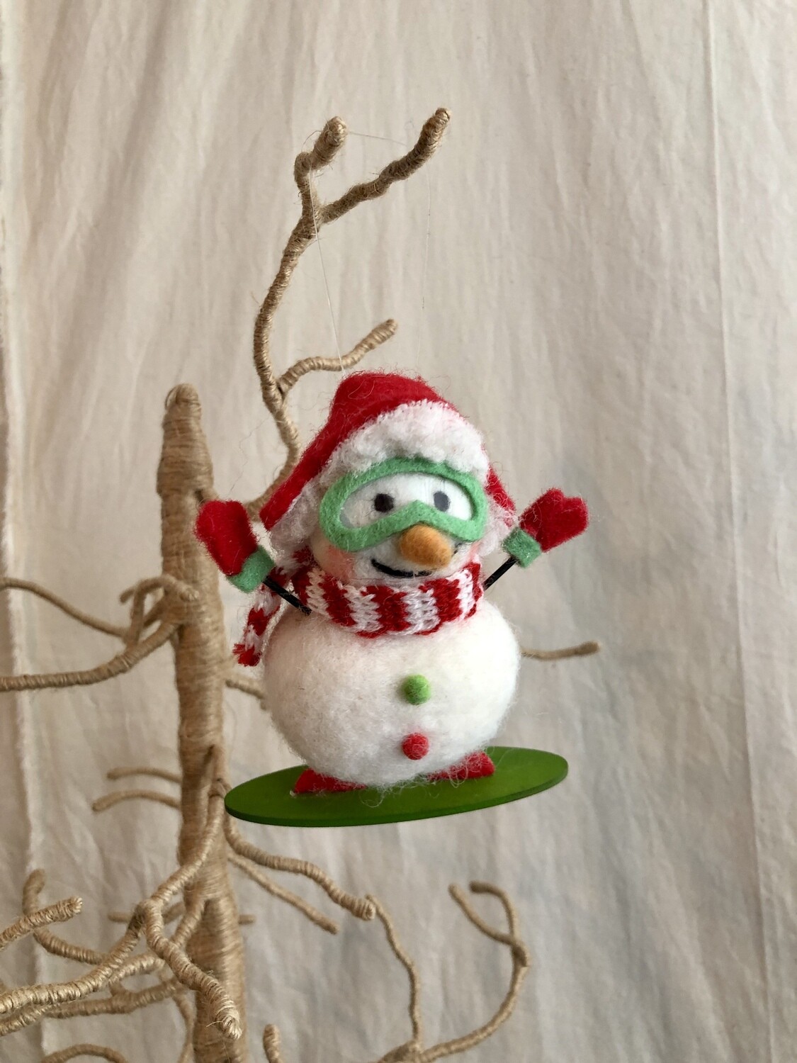 Felt Snowman on Green Snowboard Ornament