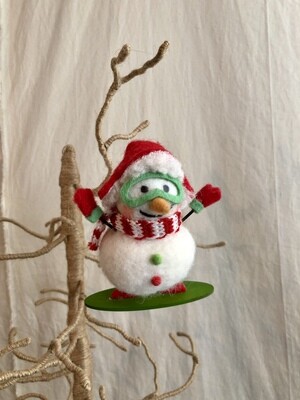Felt Snowman on Green Snowboard Ornament