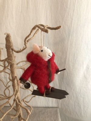 Felt Mouse w/Red Coat on Skis Ornament