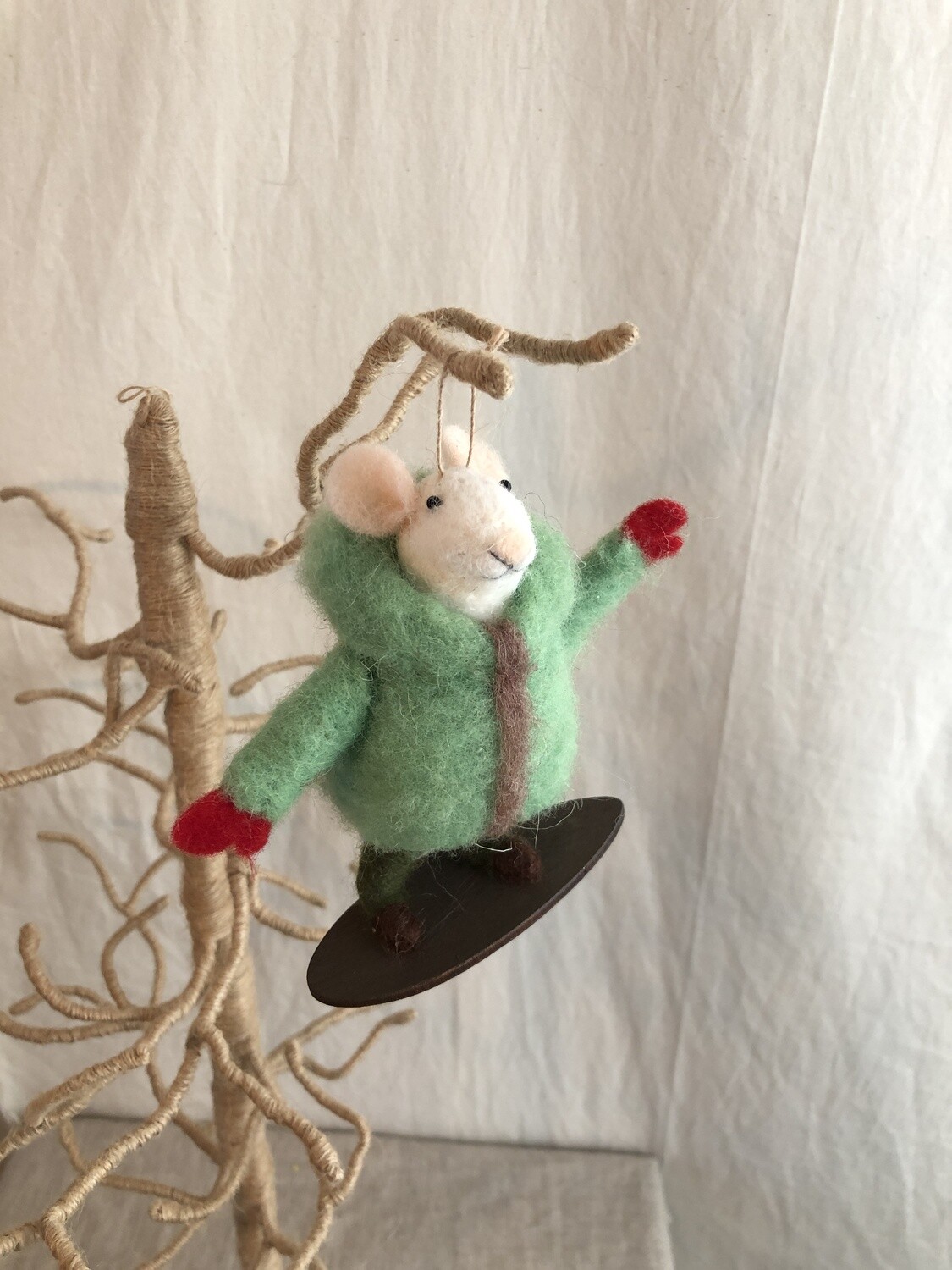 Felt Mouse w/Green Coat on Snowboard Ornament
