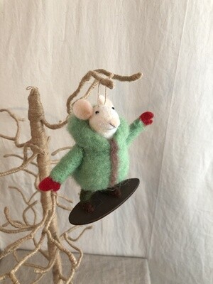 Felt Mouse w/Green Coat on Snowboard Ornament