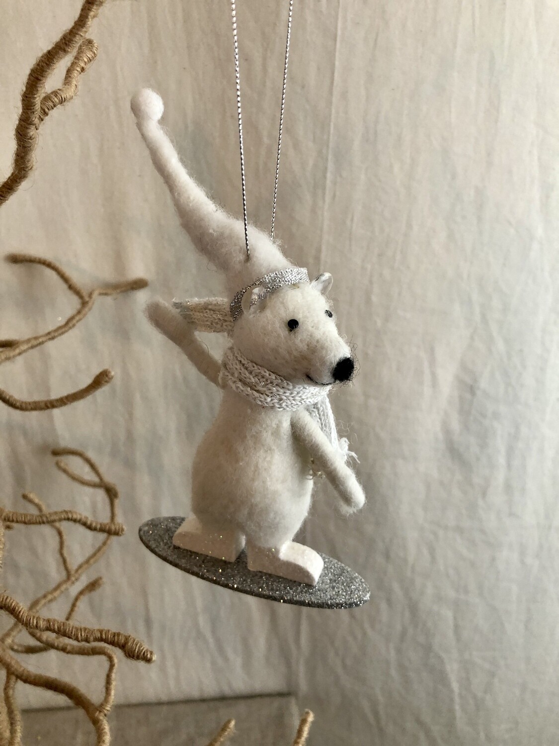 Felt White Bear on Silver Glitter Snowboard Ornament
