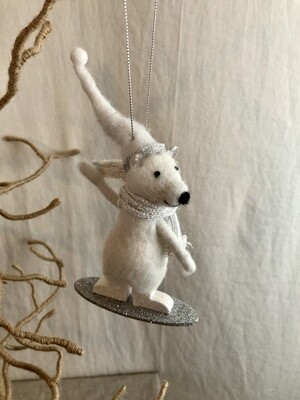 Felt White Bear on Silver Glitter Snowboard Ornament