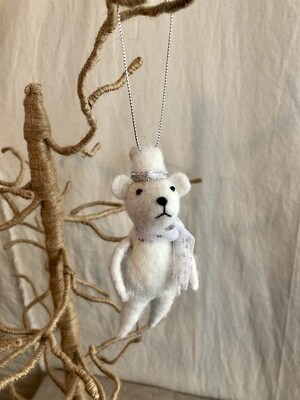 Felt White Bear w/Silver Star Scarf Ornament