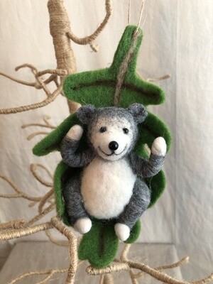 Felt Bear in Green Leaf Ornament