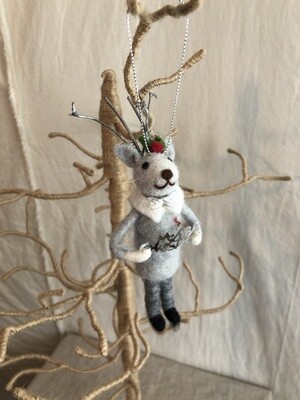 Felt Gray Reindeer w/Merry Christmas Sign Ornament