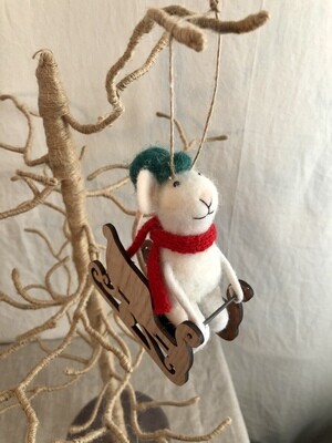 Felt Mouse in Sleigh Ornament
