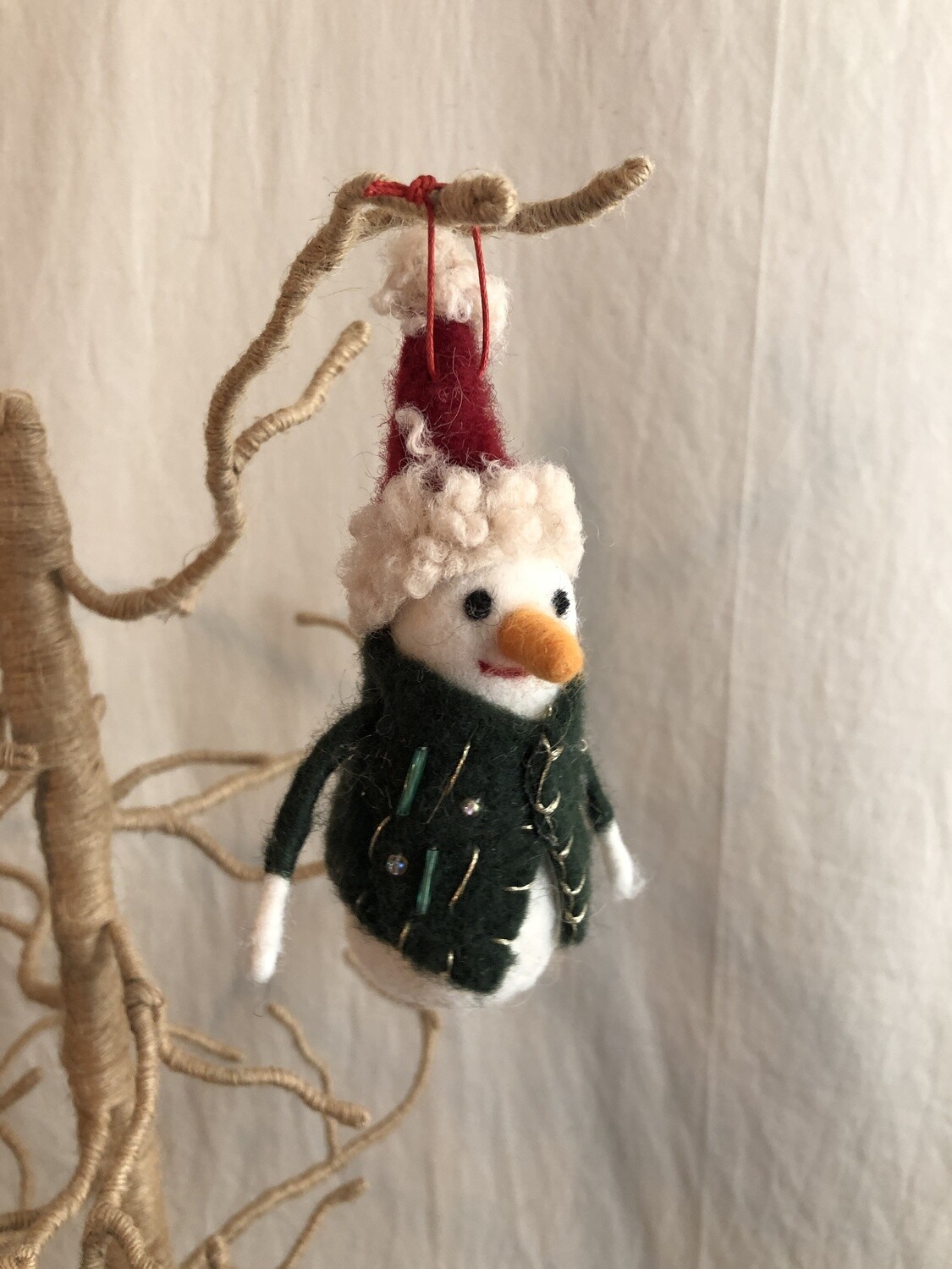 Felt Snowman Old World Ornament - Green