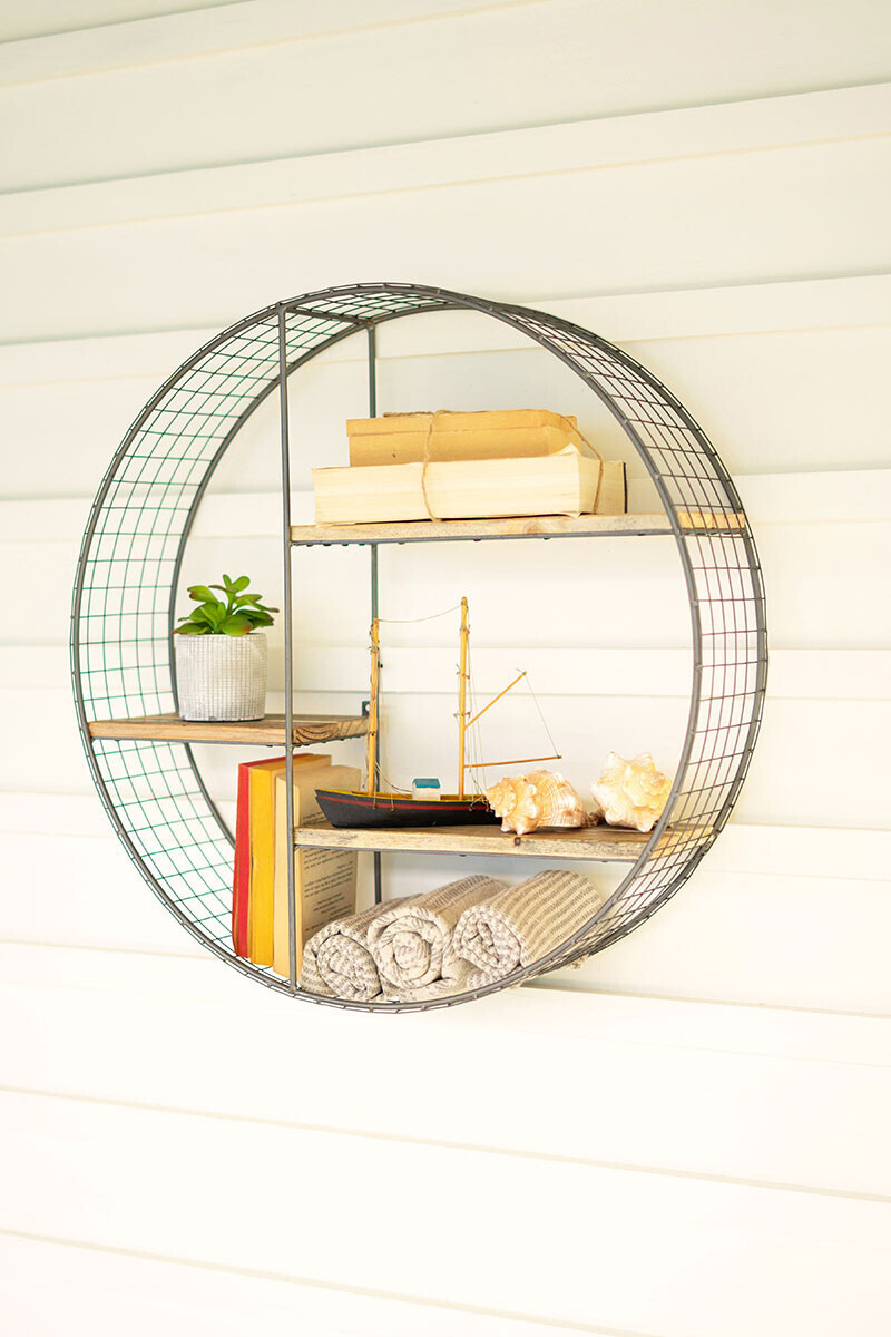 Round Wire Mesh &amp; Recycled Wood Shelving Unit