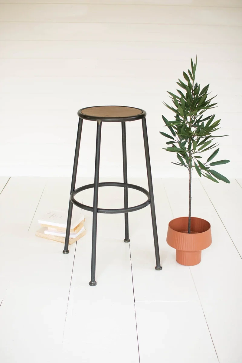 Metal Bar Stool w/Round Wooden Seat