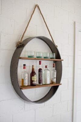 Circle Iron &amp; Wood Hanging Wall Shelf