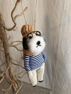 Felt Dog w/Blue &amp; White Striped Shirt Ornament