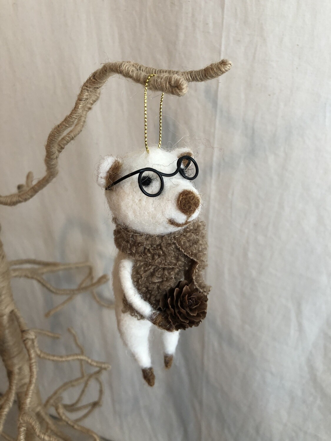Felt Bear w/Scarf Holding Pinecone Ornament