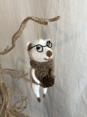 Felt Bear w/Scarf Holding Pinecone Ornament