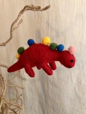 Felt PomPom Dino Ornament - Red