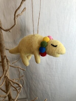 Felt PomPom Dino Ornament - Yellow