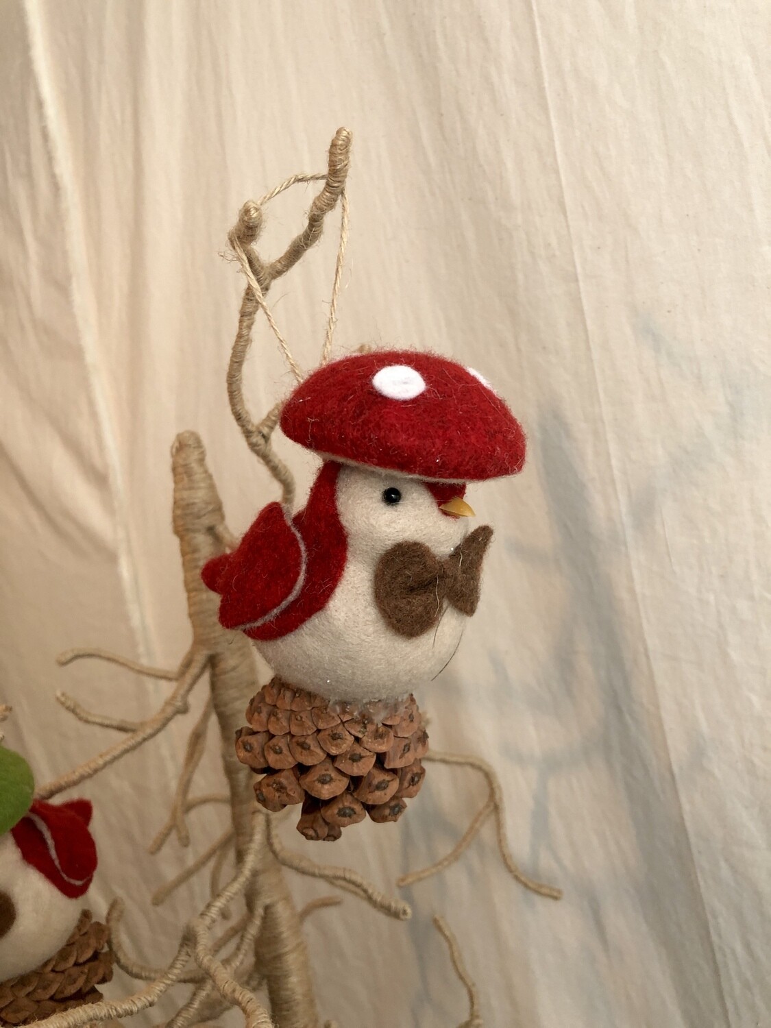 Felt Bird on Pinecone w/Red Cap Ornament