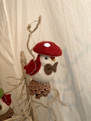 Felt Bird on Pinecone w/Red Cap Ornament