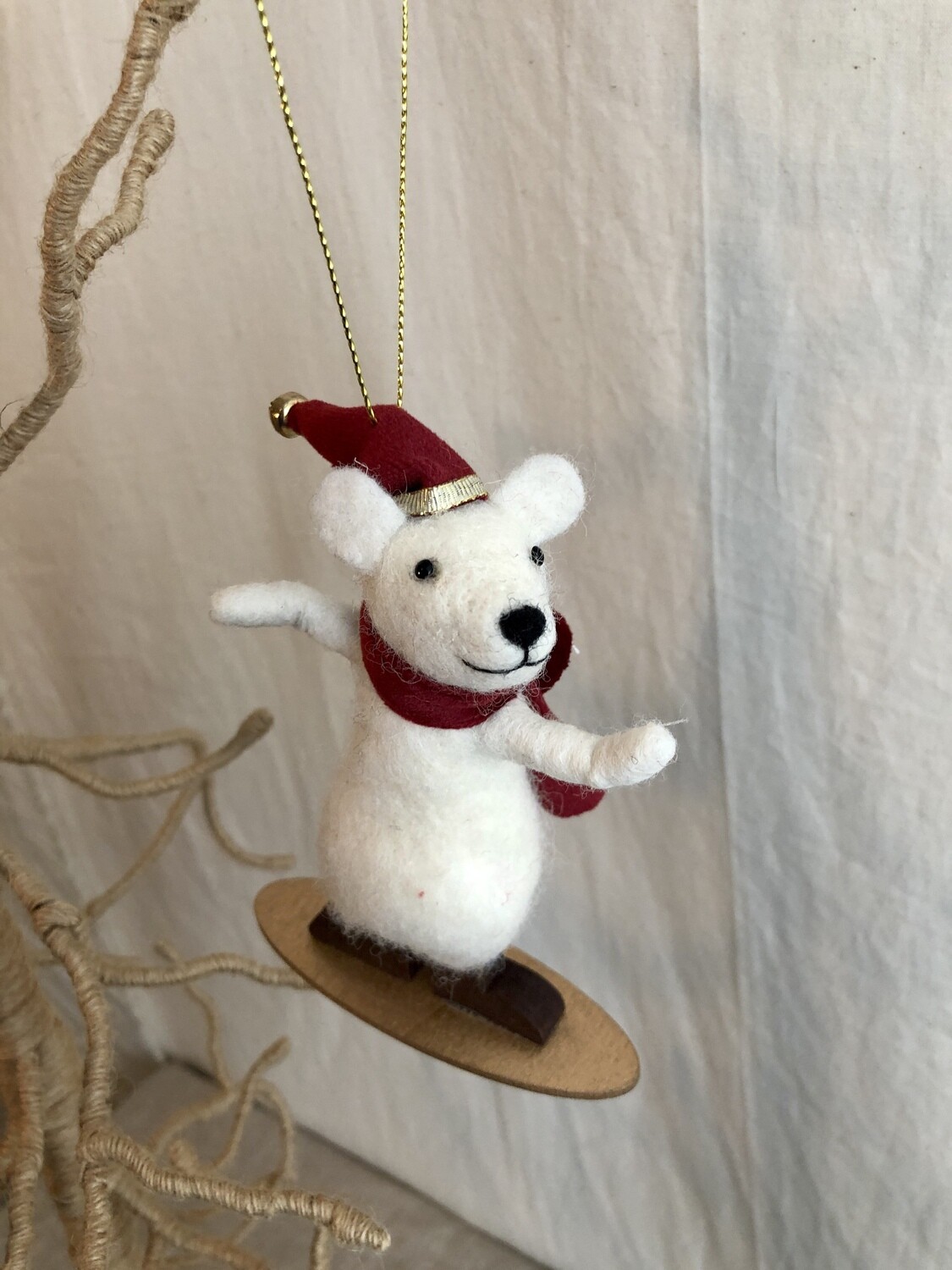 Felt Bear on Snowboard Ornament