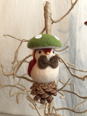 Felt Bird on Pinecone w/Green Cap Ornament