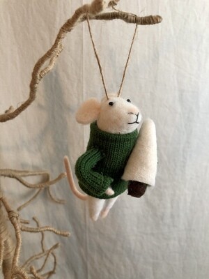 Felt Mouse with Dk Green Sweater Ornament