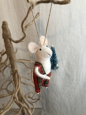 Felt Mouse in Plaid Overalls w/Tree Ornament