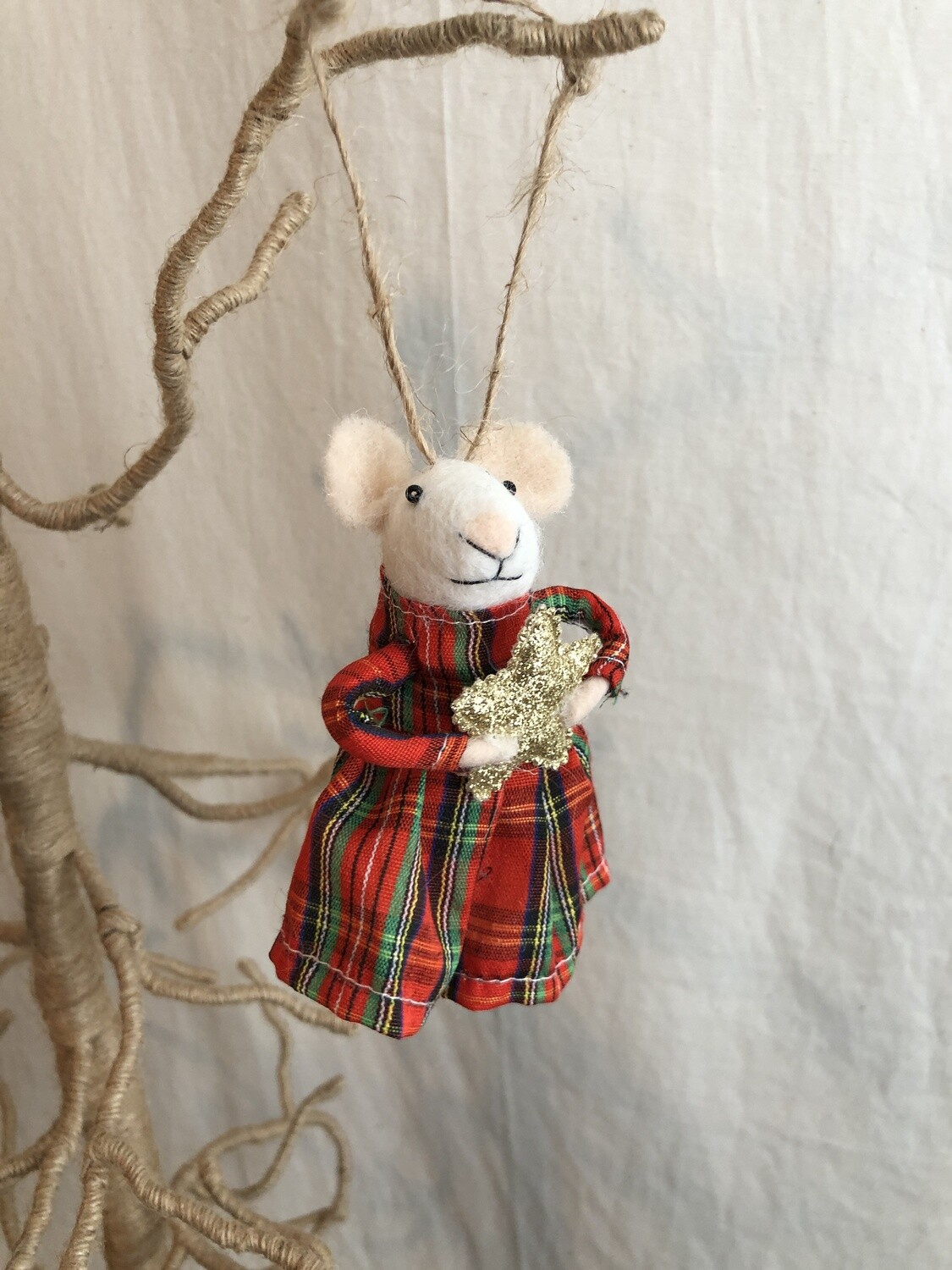 Felt Mouse in Plaid Dress w/Star Ornament