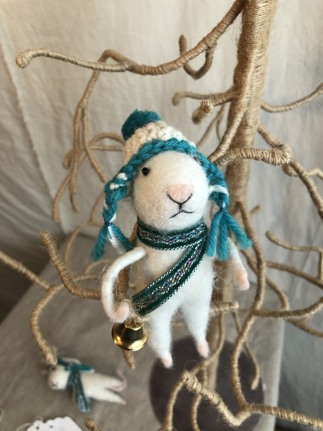 Felt Mouse w/Teal Hat &amp; Bell Ornament