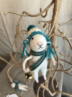 Felt Mouse w/Teal Hat &amp; Bell Ornament