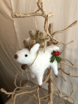 Felt Deer w/Holly Ornament - White