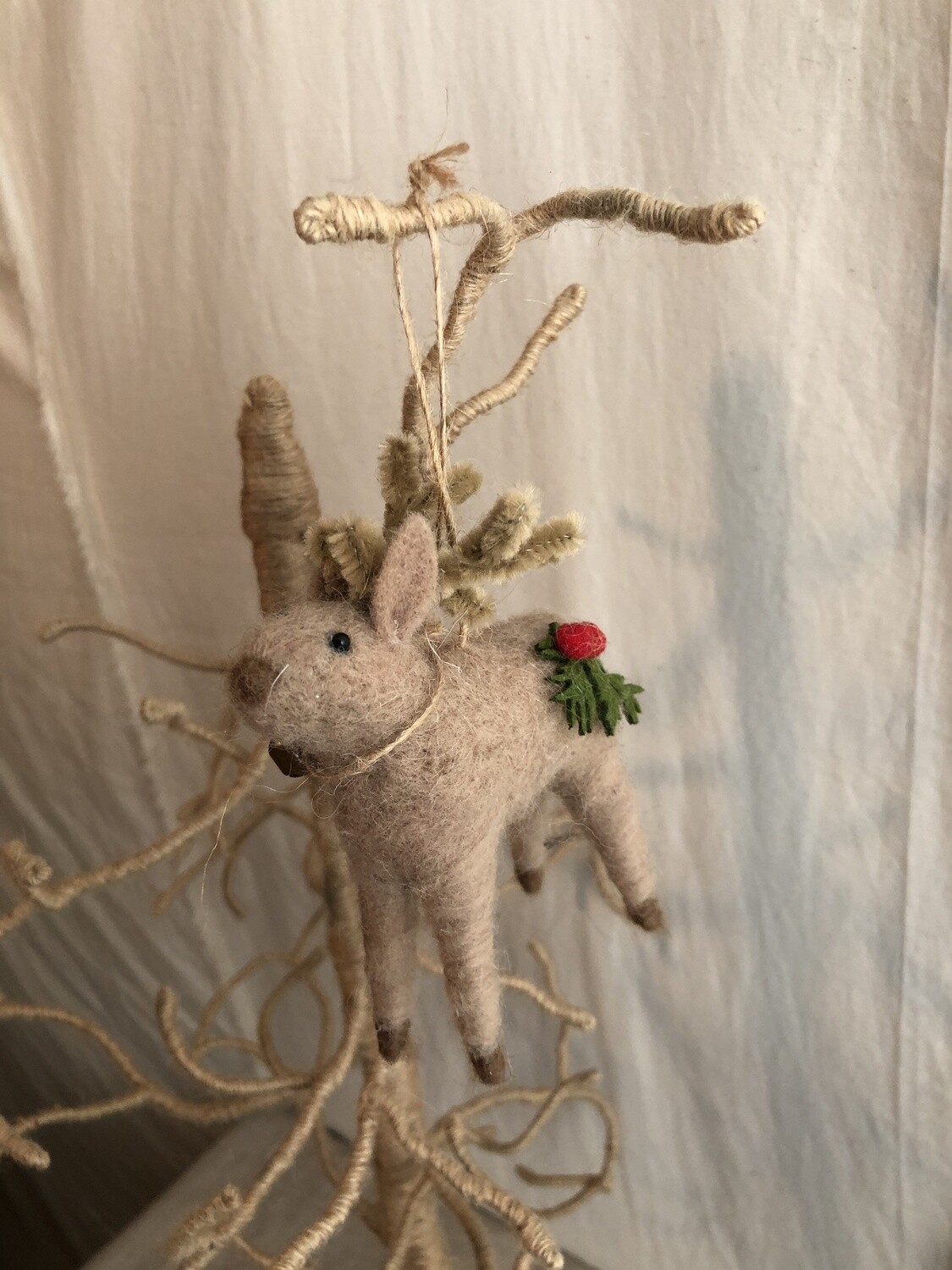 Felt Deer w/Holly Ornament - Tan