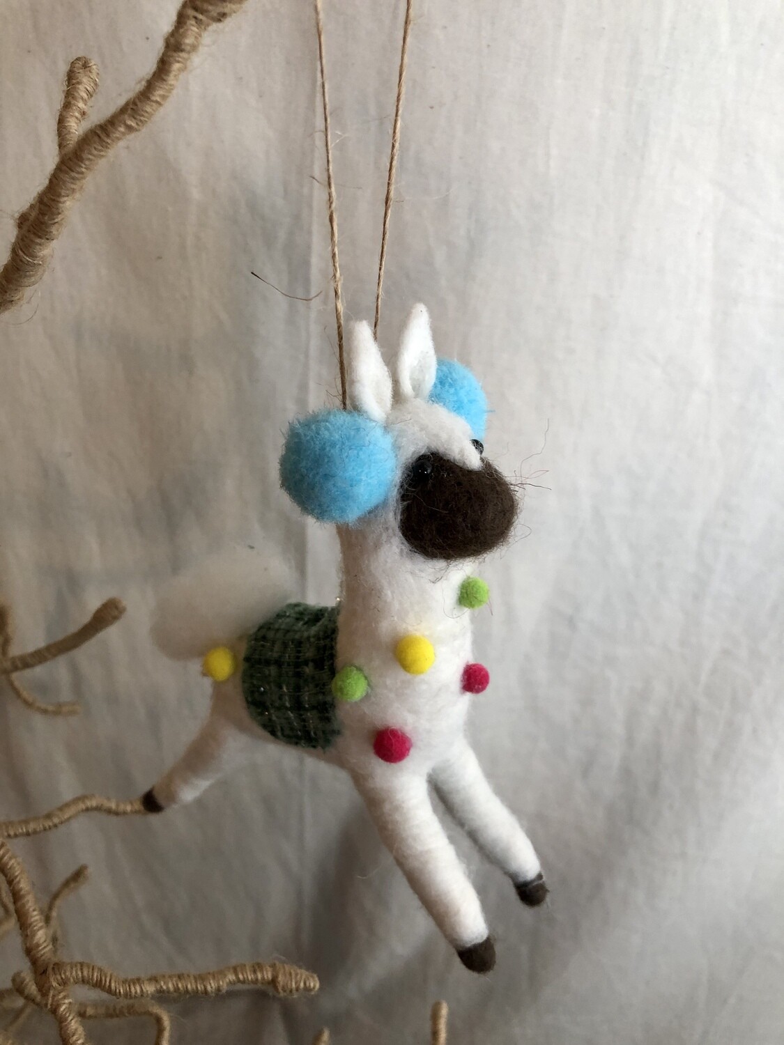 Felt Llama w/Earmuffs Ornament Blue