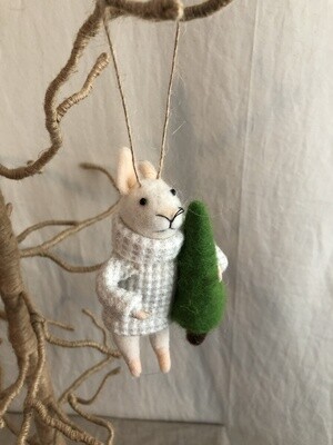 Felt Mouse w/White Sweater Holding Tree Ornament