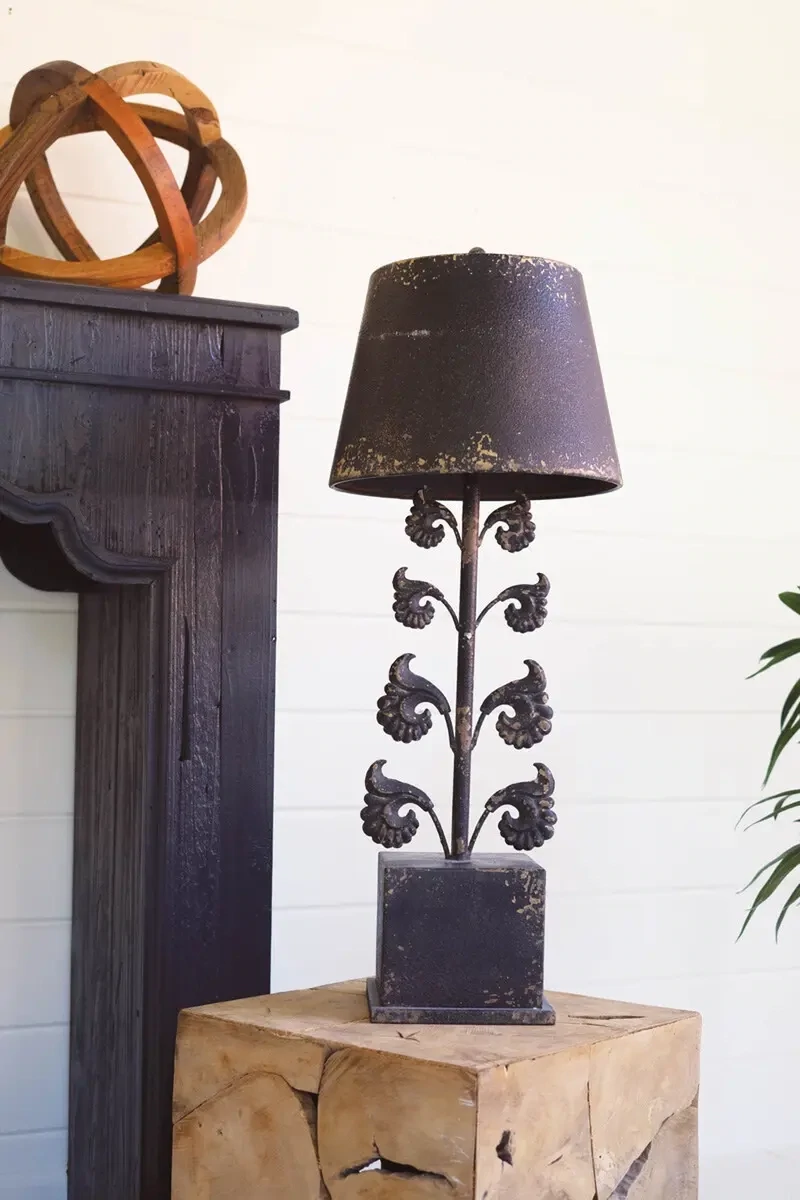 Antique Black Table Lamp w/Filigree &amp; Metal Shade
