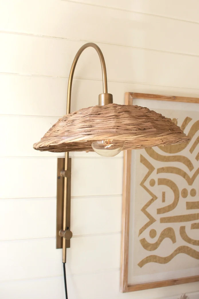 Antique Brass  Wall Light w/Rattan Shade