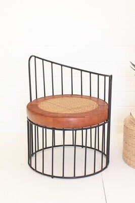 Barrel Iron Chair w/Leather &amp; Woven Cane