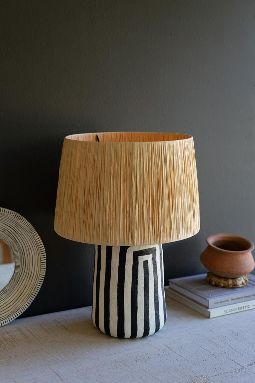 Black &amp; White Paper Mache Table Lamp w/Raffia Shade