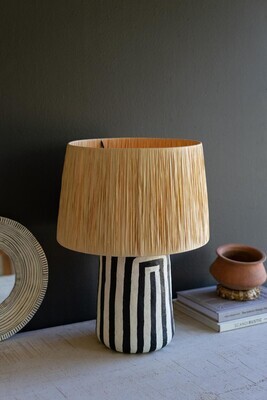 Black &amp; White Paper Mache Table Lamp w/Raffia Shade