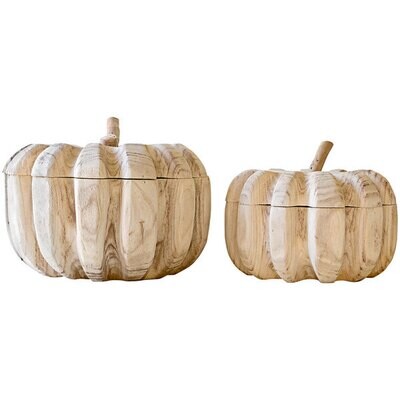 Carved Wood Pumpkin w/Removable Lid Lg