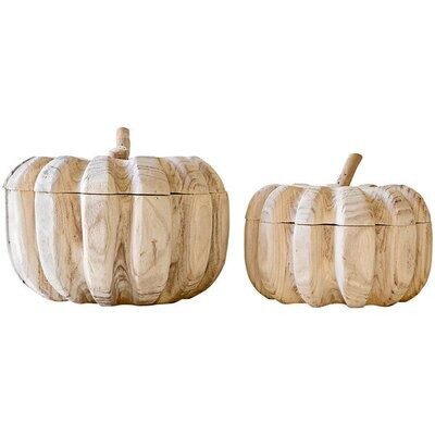 Carved Wood Pumpkin w/Removable Lid Sm